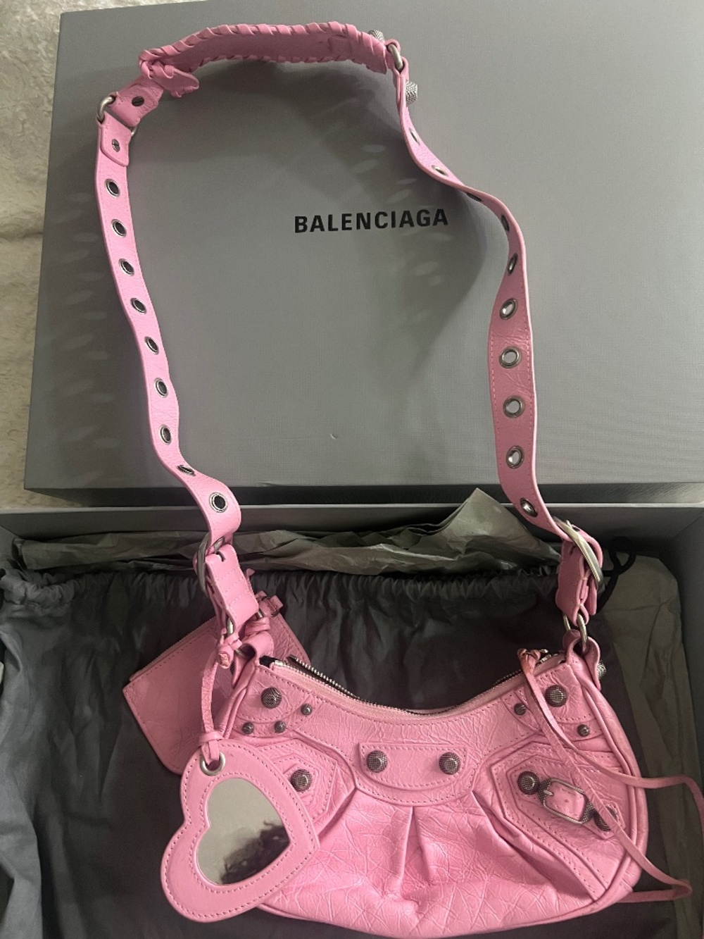 Balenciaga Pink Leather Studded Shoulder Bag with Heart Mirror Charm